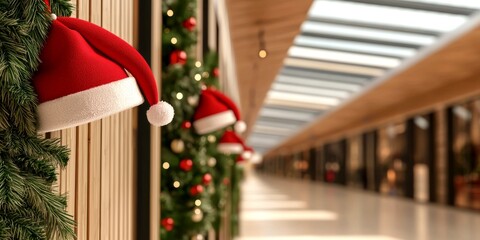 A festive corridor adorned with Christmas decorations, featuring Santa hats and greenery, creating a cheerful holiday atmosphere