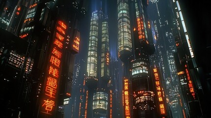A futuristic cityscape with towering skyscrapers illuminated by neon signs.