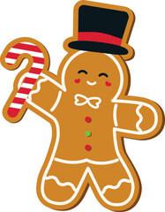 Gingerbread man wearing hat and bring candy cane with cheerful expression flat illustration