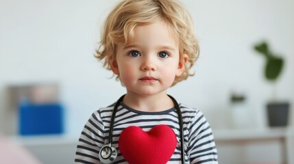 Young child using stethoscope to listen to and examine a heart model simulating a medical check up or diagnosis as part of early childhood educational and health awareness experiences