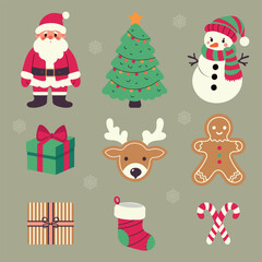 Christmas set, simple flat elements, Santa Claus, Christmas tree, gifts, gingerbread, snowman, Christmas sock