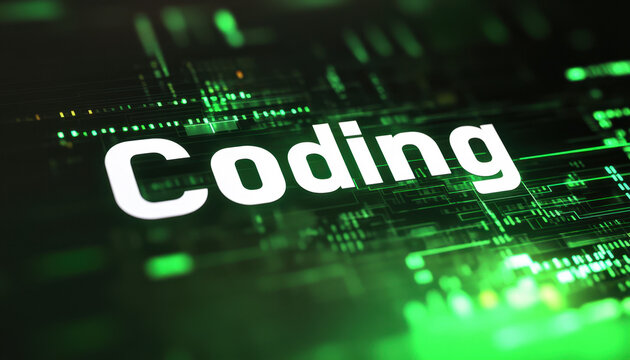 Glowing green coding text against a futuristic digital background, symbolizing technology and programming concepts.