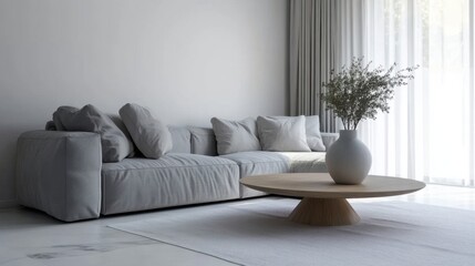 Simple living room gray sofa vase coffee table, light interior