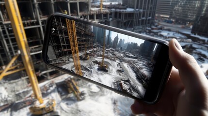 person holding smartphone capturing construction site with cranes and machinery. scene shows snowy environment with tall buildings in background, conveying sense of urban development and technology