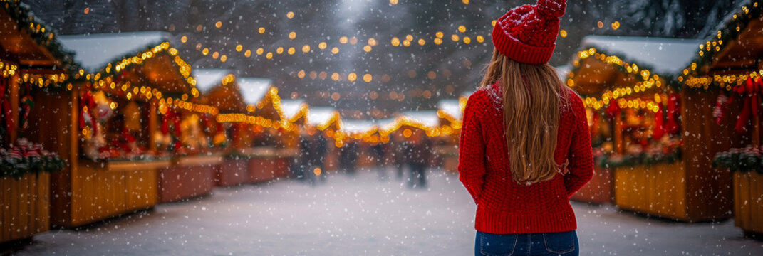 The atmosphere radiates warmth as a woman admires the sparkling lights of a bustling Christmas market during snowfall in the evening