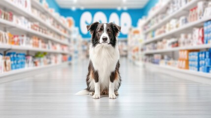 A dog sits in the center of a pet supply store aisle, surrounded by colorful shelves filled with various pet products.