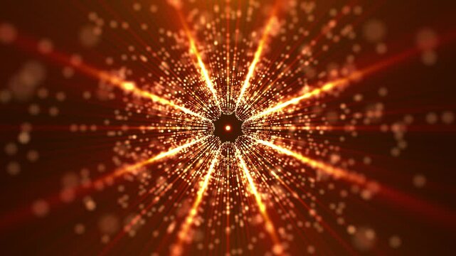 Digital tunnel of flickering particles, traveling in cyberspace, flying in a digital technological tunnel. Flying golden sparkling particles.
