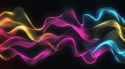 Obraz premium Vibrant abstract waves in pink, yellow, and blue create a dynamic visual flow on a dark background.