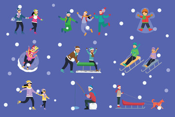 Winter Outdoor Activities: People Enjoying Snow with Sledding, Skating, and Snowball Fights 2d flat vector illustrations