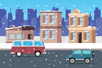 Winter Cityscape with Cars and Snowfall: Urban Street Scene in Snowy Weather 2d flat vector illustrations