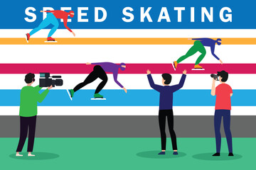 Speed Skating Competition with Photographers and Videographers Capturing the Action 2d flat vector illustrations