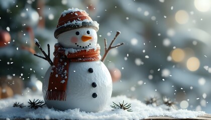 Fototapeta premium Snowman In Winter Wonderland With Falling Snow