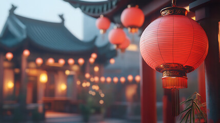 Obraz premium Asian Temple at Night with Red Lanterns
