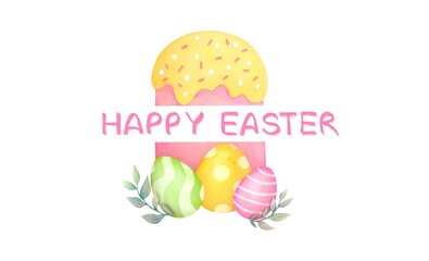 happy Easter card with cake, eggs isolated on transparent background. horizontal border frame mockup with holiday symbol. Watercolor template for greeting cards, invitations, banner
