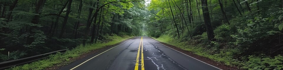 Obraz premium Empty road in forest drive following asphalt road and yellow line