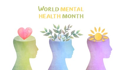 Mental Health Awareness Month in May. Take care of your body and mind concept banner. Psychological help, support poster. Mental wellness. green silhouette of head with flowers, text, white background