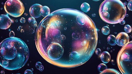 Colorful soap bubbles floating against a dark background, creating a magical and dreamy atmosphere.