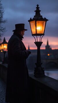 Evening twilight on charles bridge  a lamplighter in hat and long coat illuminates lanterns