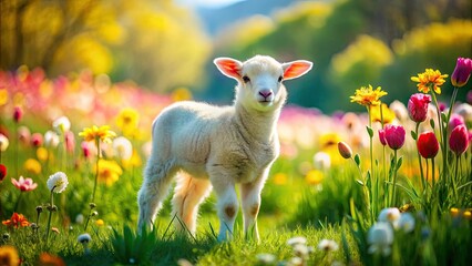 Fototapeta premium Adorable Lamb in a Vibrant Flower Meadow on a Spring Day - Nature, Animals, Spring, Flowers, Cute Lambs, Scenic Landscape, Pastoral Beauty, Wildlife Photography, Fresh Bloom, Green Meadows