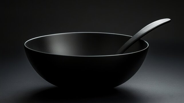 Empty black bowl with a tablespoon in low-key lighting; minimalist concept with dark tones and open space for text