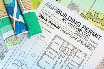 APPROVED BUILDINGS PERMIT CONCEPT in buildings activity with approved residential building project, imaginary cadastral map and General Urban Plan