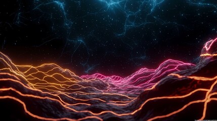 Fototapeta premium A black night sky with a scattering of blue stars over glowing neon orange and pink mountains.