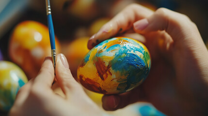 Hand painting colorful Easter egg with brush