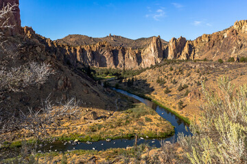Beautiful rock formations on the riverbanks of Crooked River in the Smith Rock State Park in central Oregon
