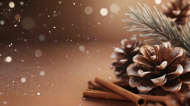 Festive sale banner, pine cones and cinnamon sticks, cozy winter theme, 3D illustration, Holiday card poster template.