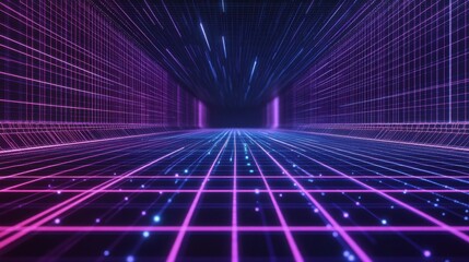Fototapeta premium A vibrant abstract digital tunnel featuring purple and blue neon lines creating a futuristic grid pattern.