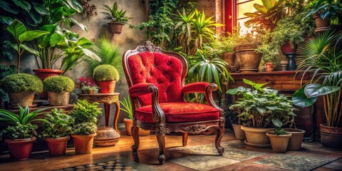 Obraz premium Antique Red Chair with Houseplants in Low Light - Vintage Decor Inspiration, Cozy Interior Design, Floral Arrangement, Home Aesthetics, and Warm Ambiance
