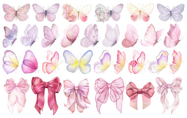 Butterfly and bows collection. Watercolor illustration. Colorful butterflies clipart set.Baby shower design elements.Party invitation, birthday celebration.Spring, summer decor.Pink yellow red flowers