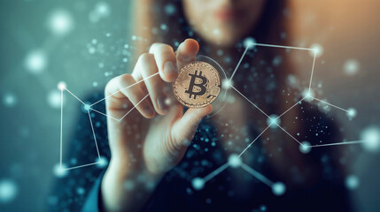 Businesswoman touches her finger to a Bitcoin icon surrounded by connected dots and lines that form a digital network