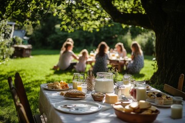 A sunny outdoor brunch with friends and family. Enjoy a picturesque setting filled with delicious food. Perfect for gatherings and celebrations. Generative AI