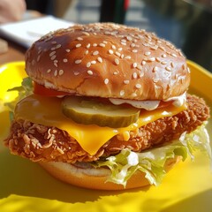 Crispy chicken sandwich with cheese and pickles on yellow plate