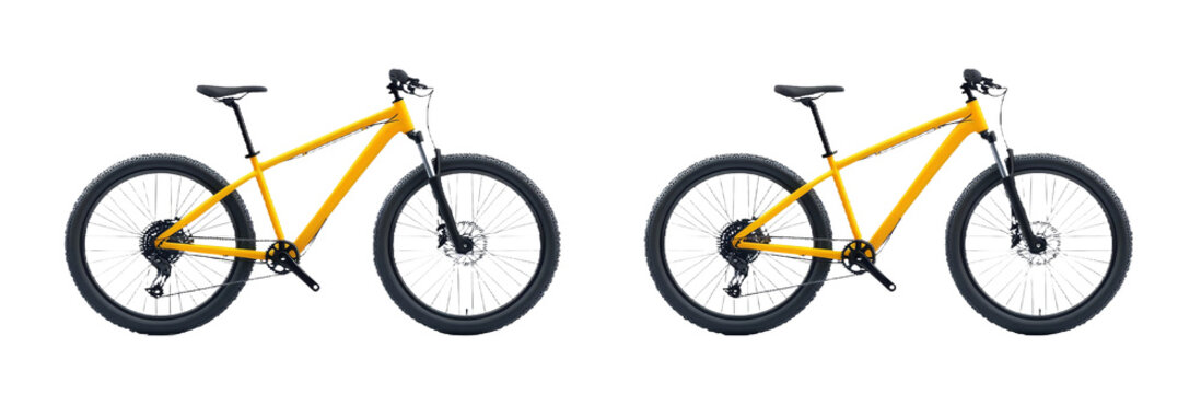 An isolated white background with a yellow and black 29er mountainbike with thick offroad tyres. Bicycle mtb cross country aluminum, cycling sport transport concept.