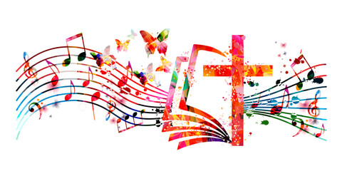 Colorful christian cross with music notes isolated vector illustration. Religion themed background. Design for gospel church music, choir singing, concert, festival, Christianity, prayer	