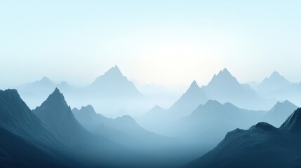 A stunning landscape of misty mountains under a soft blue sky, creating a serene and tranquil atmosphere.
