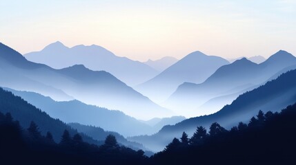 Naklejka premium Serene blue mountains at dawn, with layers of peaks fading into the distance, creating a tranquil atmosphere.