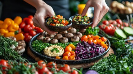 Obraz premium Vibrant vegan appetizers spread for Veganuary party in 169 aspect ratio