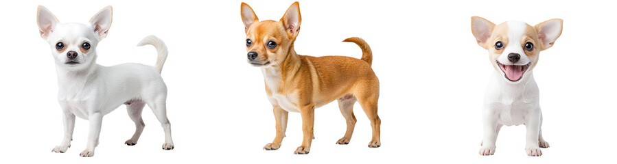 On a white background, a pretty brown chihuahua stands
