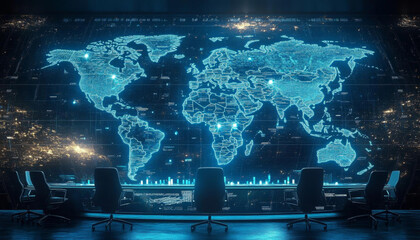 Obraz premium modern boardroom featuring large digital world map display, showcasing global connectivity and data visualization, ideal for strategic meetings