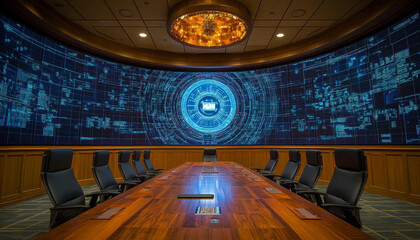 modern boardroom featuring digital screens and large circular display, creating high tech atmosphere for meetings and presentations