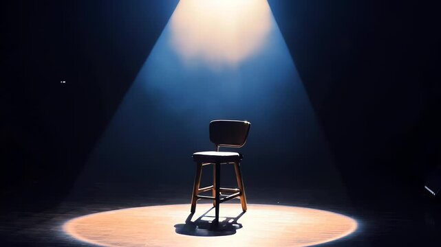 Single spotlight illuminating empty chair center stage