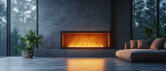 Modern living room with fireplace and couch.