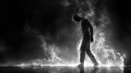Fototapeta premium dynamic action shot of dancer surrounded by smoke and light, capturing movement and emotion in dramatic black and white style