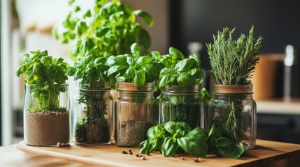 Fresh Herbs in Glass Jars: A Kitchen Garden Delight