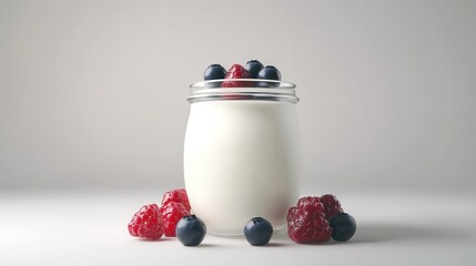 Delightful yogurt with a mix of fresh berries in a glass jar, beautifully arranged on a bright white background.