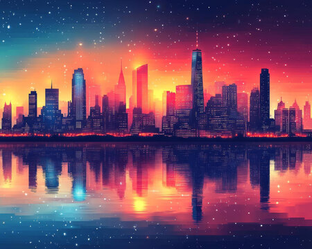 Futuristic city skyline at sunset with vibrant colors and reflections. scene captures blend of modern architecture and dreamy atmosphere, creating stunning visual experience