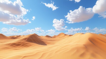 Naklejka premium Expansive desert landscape under a bright blue sky with fluffy white clouds, showcasing undulating sand dunes.